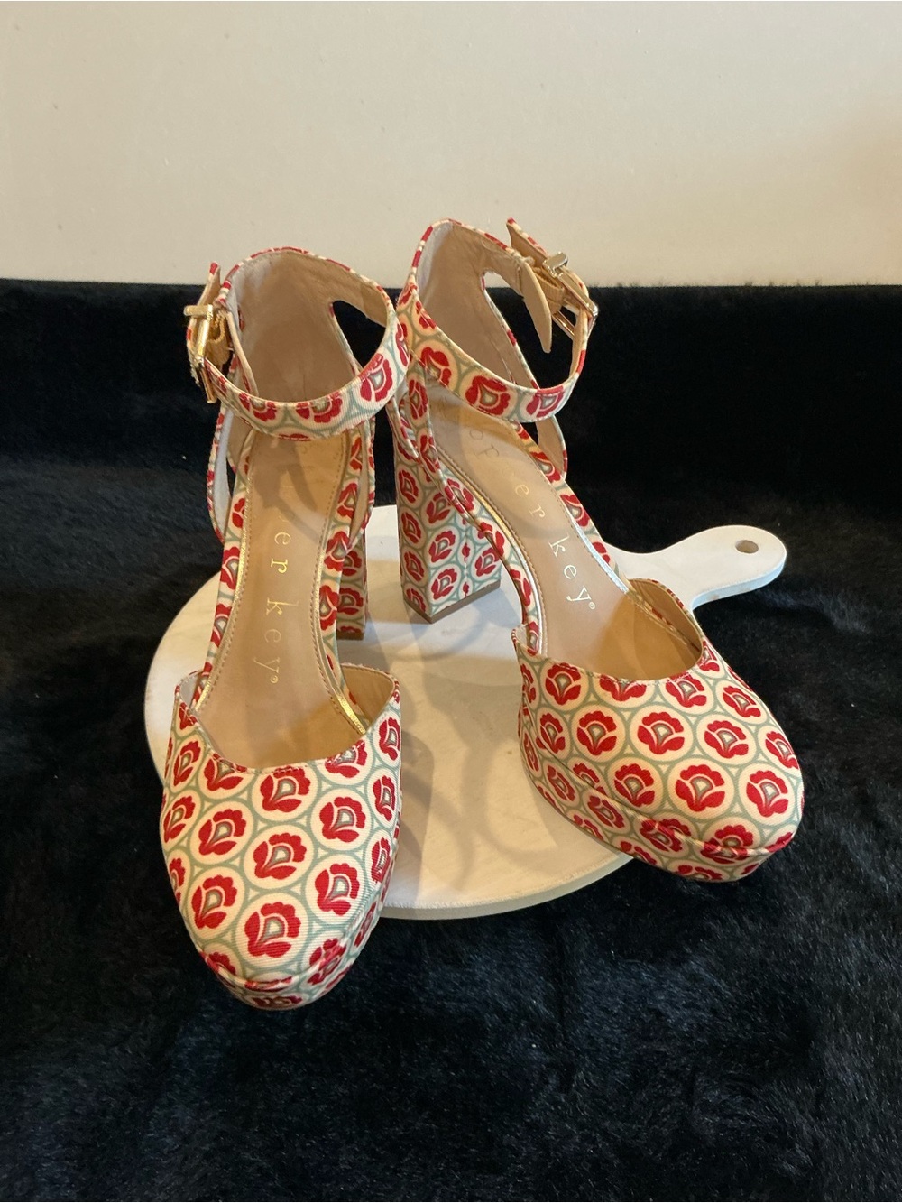 Copper Key Red and Cream Ankle-Strap Block Heels Women’s 6